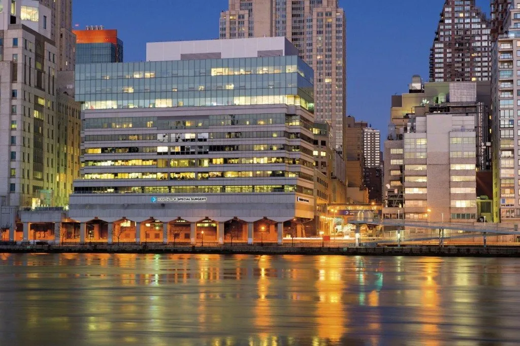 Hospital for Special Surgery on the East River at dusk